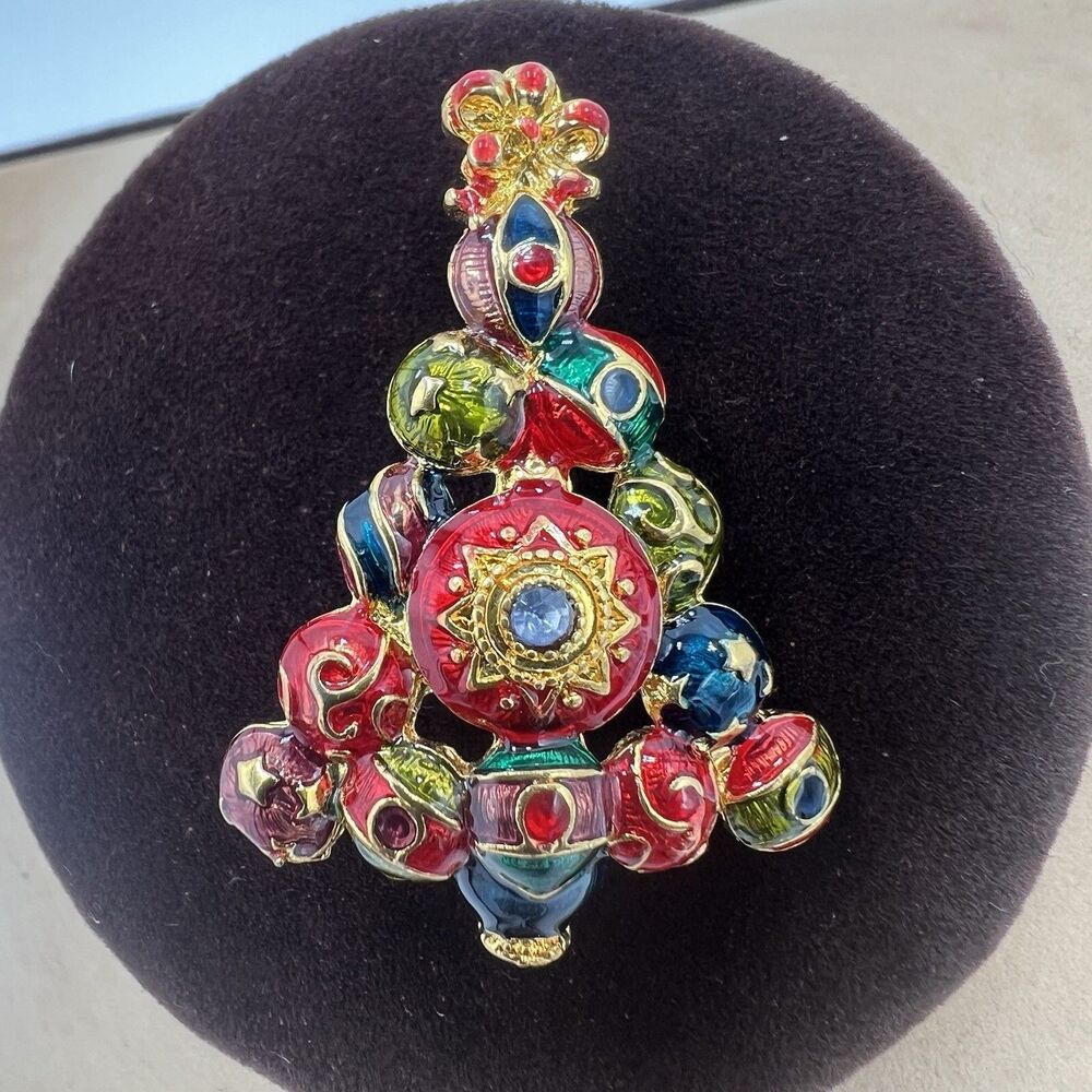 Vintage Christmas Tree Christopher Radko Enamel Rhinestone Pin Brooch Signed